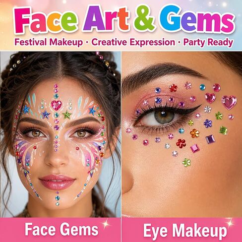 JIUZHU 7300+PCS Face Jewels for Makeup, Self Adhesive Rhinestone Stickers Kit Multicolor Gems for Face, Eyes, Hair, Nails, Body Art Festival Party Rave Makeup Supplies in Kuwait