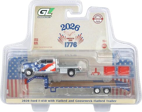 Greenlight 1/64 2020 Ford F-450 Dually Flatbed Pickup Truck with Gooseneck Flatbed Trailer, USA 250 Tribute, Outback Toys Exclusive Limited to 1776, 51743-B in Kuwait