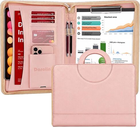 Zippered Leather Padfolio Portfolio with [Hidden Handle] and [Clipboard], Business Conference Portfolio Organizer Notepad Folder, Portfolio Bag, Portfolio Padfolio for Women/Men (Black) in Kuwait