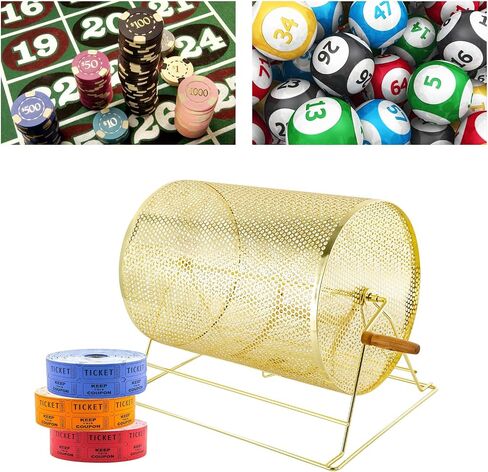Gold Medium Raffle Drum 14x10x11 Inch, Metal Spinning Lottery Box with Wood Handle, Holds 5000 Tickets, Lockable Door, Bingo Game Ticket Tumbler for Fundraiser, Party, Church, School Event in Saudi Arabia