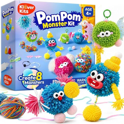 JOVA Klever Kits Pom Pom Monster Kits- DIY Plush Backpack Keychains, Pom Pom Crafts for Kids Aged 4+ Kid Felt Kits, Arts & Crafts for Boys Girls Birthday Party Gift Toy in Kuwait