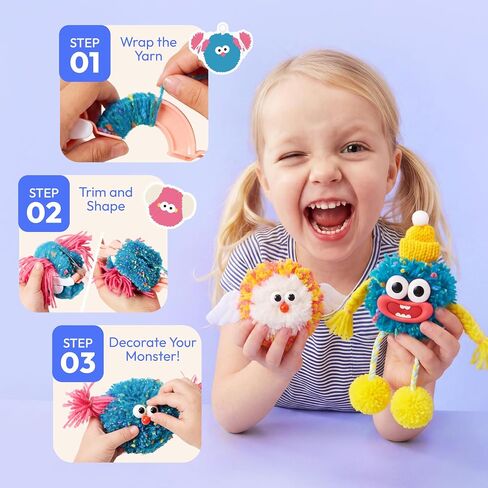 JOVA Klever Kits Pom Pom Monster Kits- DIY Plush Backpack Keychains, Pom Pom Crafts for Kids Aged 4+ Kid Felt Kits, Arts & Crafts for Boys Girls Birthday Party Gift Toy in Kuwait