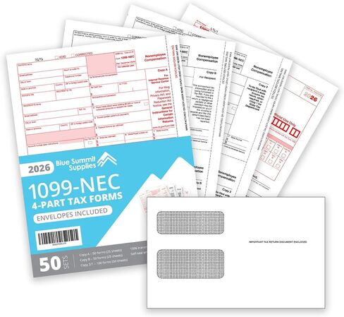 Blue Summit Supplies 1099 NEC Tax نماذج 2020، 50 4 مجموعة نماذج ضرائب الجزء، متوافقة مع كتب كويك بوك وبرامج المحاسبة، تتضمن 50 ظرف ذاتي الختم in Kuwait
