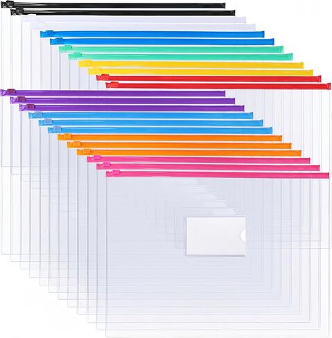EOOUT 24pcs Plastic Envelopes Poly Zip Envelopes Files Zipper Folders, A4 Size, Letter Size, 10 Colors, for School Office Travel Storage Supplies in Kuwait