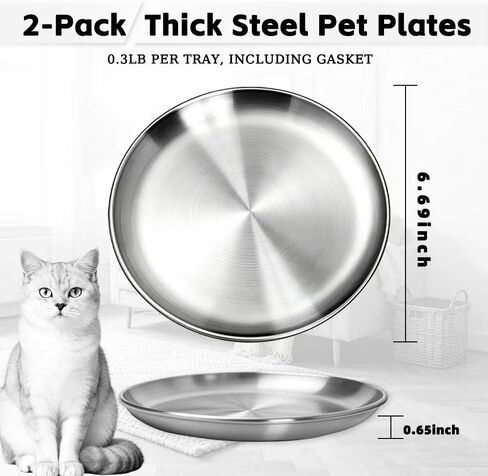 2-Pack Stainless Steel Basic Cat Bowls, Whisker-Friendly Thickened 6.7" Shallow Food Plates, 3M Adhesive Non-Slip Fixed Base, for Home/Outdoor Use with All Foods for Cats, Kittens & Small Pets in Kuwait