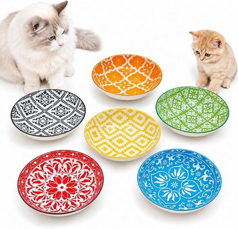 Ceramic Cat Food Bowls Set of 6, 5.6 Inch Wide Shallow Cat Bowls, Whisker Friendly Plates, 5.3 oz (185 ml), Microwave & Dishwasher Safe for Multi-Pet Homes in Kuwait