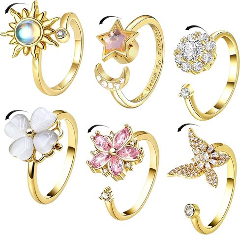 6Pcs Fidget Anxiety Rings for Women, Silver Adjustable Open Spinner Rings for Anxiety, Stress Relief Rotating Rings with Butterfly Sun Star Flower Four-Leaf Clover Designs, Fidget Jewelry for Women in Kuwait
