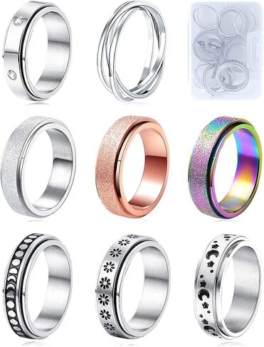 MUCAL Fidget Rings for Anxiety 8pcs Stainless Steel Spinner Ring Anti Anxiety Ring Spinning Moon Star Cool Stress Relieveing Rings for Women Men in Saudi Arabia