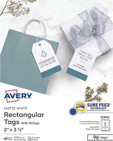 Avery Printable Blank Gift Tags with Sure Feed, 2" x 3.5", White, 96 Customizable Tags with Strings (22802) in Kuwait