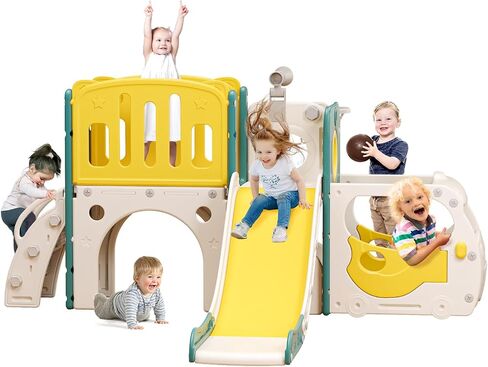 Toddler Slide Kids Slide Playset for Babies Bus Themed Toddler Playground with Climber Baskteball Hoop Indoor Playground Outdoor in Saudi Arabia