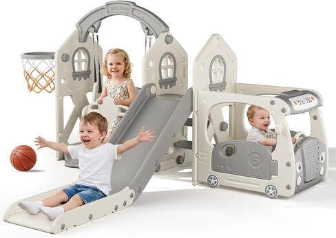 BIERUM 5-in-1 Bus Themed Toddler Slide Swing Set for Kid 1-3 Home/Backyard in Saudi Arabia