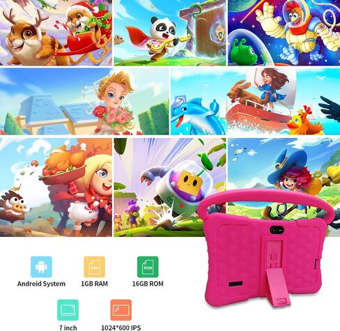 Tablet Kids 7 inch with Shockproof Case, 1GB RAM 32GB ROM, Android Toddler Tablet with Bluetooth, WiFi, GMS, Parental Control, Educational, Games(Pink in Saudi Arabia