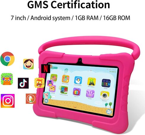 Tablet Kids 7 inch with Shockproof Case, 1GB RAM 32GB ROM, Android Toddler Tablet with Bluetooth, WiFi, GMS, Parental Control, Educational, Games(Pink in Saudi Arabia