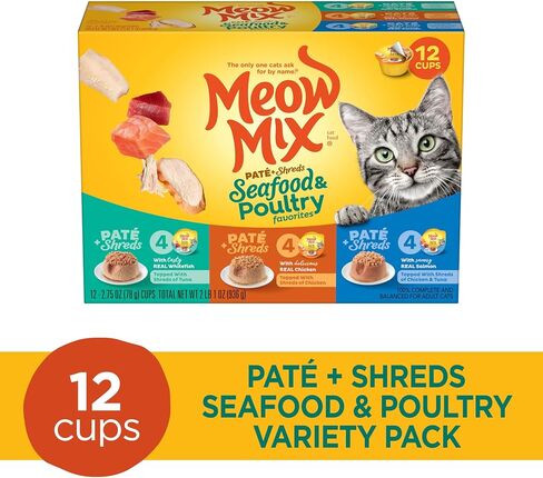 Meow Mix Paté & Shreds, Seafood & Poultry Wet Food Variety Pack, 12 Cups in Kuwait