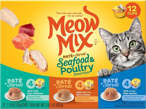 Meow Mix Paté & Shreds, Seafood & Poultry Wet Food Variety Pack, 12 Cups in Kuwait