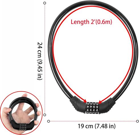 2 PACK Bike Locks Cable,Anti Theft Bicycle Lock Chain,4 Digit Security Resettable Bike Combination Lock Self Coiling Combination Cable Combo Bike Locks Without Mounting Bracket,2 Feetx1/2 Inch (Black) in Kuwait