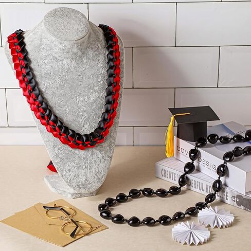 Jexine Kukui Nut Lei Necklace and Ribbon Lei Braided Necklace with Ribbon Bow Closure Chunky Black Hawaiian Necklace Graduation Gift in Kuwait