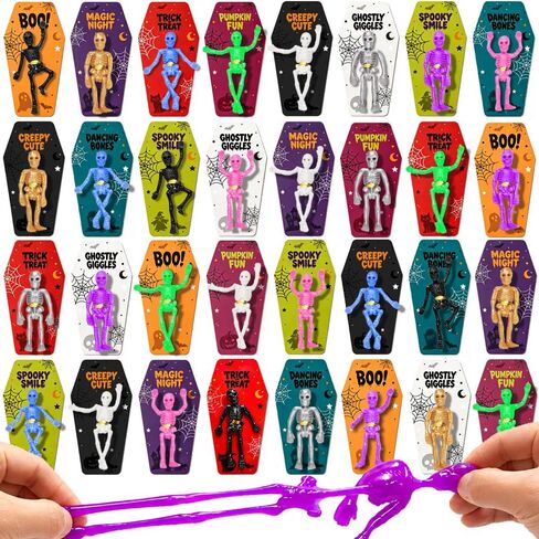VKTEN 32 Pack Halloween Party Favors - 8 Styles TPR Stretchy Skeleton Toys with Tombstone Cards, Halloween Goodie Bag Stuffers, Trick or Treat Bag Fillers, Classroom Prizes, Pinata Stuffers for Kids in Saudi Arabia
