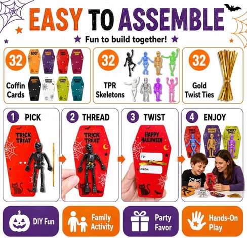 VKTEN 32 Pack Halloween Party Favors - 8 Styles TPR Stretchy Skeleton Toys with Tombstone Cards, Halloween Goodie Bag Stuffers, Trick or Treat Bag Fillers, Classroom Prizes, Pinata Stuffers for Kids in Saudi Arabia