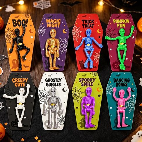 VKTEN 32 Pack Halloween Party Favors - 8 Styles TPR Stretchy Skeleton Toys with Tombstone Cards, Halloween Goodie Bag Stuffers, Trick or Treat Bag Fillers, Classroom Prizes, Pinata Stuffers for Kids in Saudi Arabia