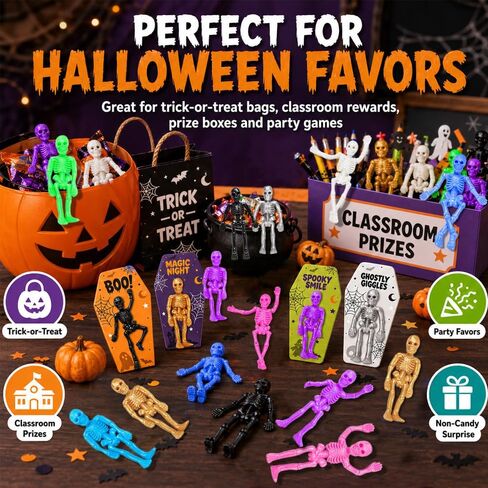 VKTEN 32 Pack Halloween Party Favors - 8 Styles TPR Stretchy Skeleton Toys with Tombstone Cards, Halloween Goodie Bag Stuffers, Trick or Treat Bag Fillers, Classroom Prizes, Pinata Stuffers for Kids in Saudi Arabia