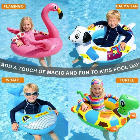 4 Pack Inflatable Pool Floats for Toddler Age 3-7 Animal Swim Tube Rings for Kids Infant Baby Ride on Beach Floaties with Safety Seat&Handle for Summer Lake Pool (Flamingo, Turtle, Whale, Dalmatian) in Saudi Arabia