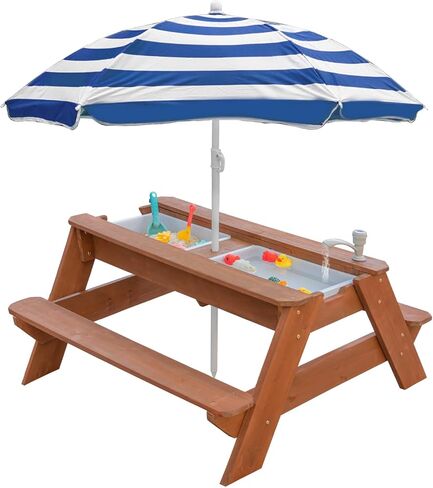 Kids 3-in-1 Sand & Water Activity Table, Wood Outdoor Convertible Picnic Table, 2 Play Boxes, Removable Top with Faucet, Picnic for Outdoor (Natural/Brown) in Kuwait