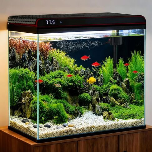 Coospider 10 Gallon Glass Fish Tank, Aquarium Starter Kit, Simple Self-Cleaning Aquarium with 3-Color LED Lights, Quiet Filter Pump, Temperature Monitoring for Fish, Shrimp, Kids Gift Ideas in Saudi Arabia