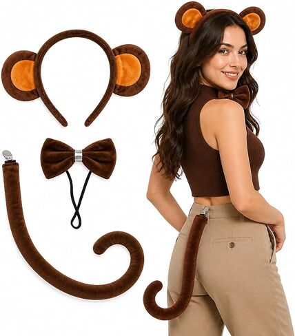 3PCS Monkey Ears and Tail Set,Plush Monkey Headband, Bendable Tail, Bow Tie, Halloween Costume Accessory Multicolor in Kuwait