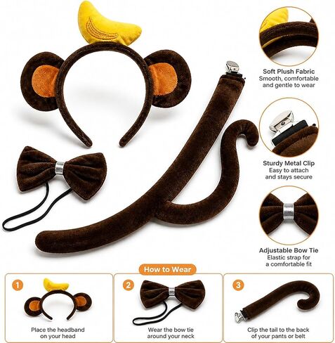 3PCS Monkey Ears and Tail Set,Plush Monkey Headband, Bendable Tail, Bow Tie, Halloween Costume Accessory Multicolor in Kuwait