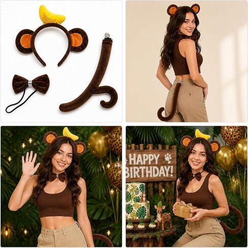 3PCS Monkey Ears and Tail Set,Plush Monkey Headband, Bendable Tail, Bow Tie, Halloween Costume Accessory Multicolor in Kuwait