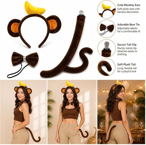 3PCS Monkey Ears and Tail Set,Plush Monkey Headband, Bendable Tail, Bow Tie, Halloween Costume Accessory Multicolor in Kuwait
