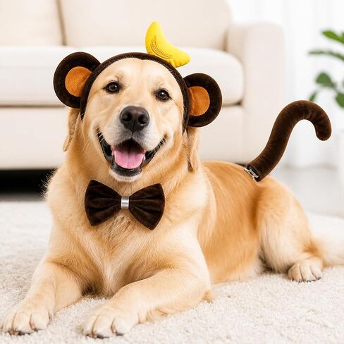 3PCS Monkey Ears and Tail Set,Plush Monkey Headband, Bendable Tail, Bow Tie, Halloween Costume Accessory Multicolor in Kuwait