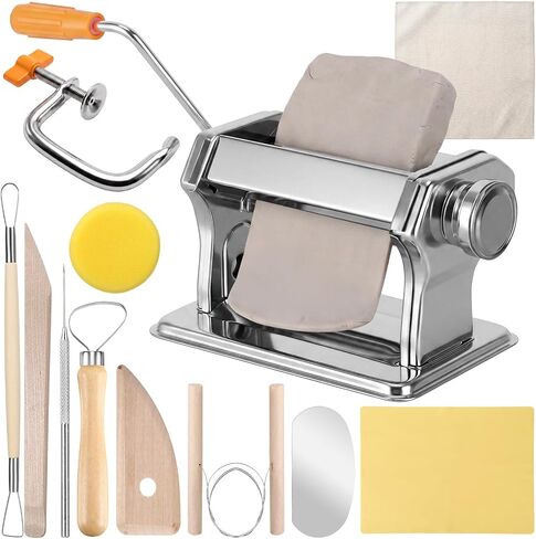 11 Pcs Polymer Clay Roller Machine Set, Stainless Steel Clay Press Machine with 6 Thickness Settings, Handbuilding Kit with Sculpting Tools Silicone Mat and Canvas Cloth for DIY Crafts in Kuwait