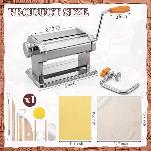 11 Pcs Polymer Clay Roller Machine Set, Stainless Steel Clay Press Machine with 6 Thickness Settings, Handbuilding Kit with Sculpting Tools Silicone Mat and Canvas Cloth for DIY Crafts in Kuwait