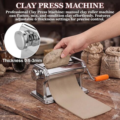 11 Pcs Polymer Clay Roller Machine Set, Stainless Steel Clay Press Machine with 6 Thickness Settings, Handbuilding Kit with Sculpting Tools Silicone Mat and Canvas Cloth for DIY Crafts in Kuwait