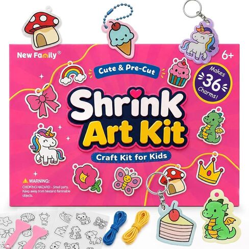 NewFamily Pre-Cut Shrink Art Kit for Kids, 36 Original Shrink Plastic Designs with Charm Accessories, No-Mess DIY Jewelry Making Craft Set for Girls and Boys in Saudi Arabia