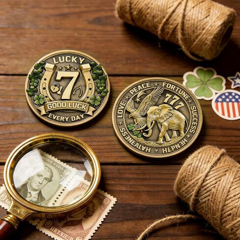 Lucky Charms Good Luck Charms Coin for Lottery Scratcher, Lucky Token with Four Leaf Clover and Elephant, Prosperity Success Protection Amulet for Wallet in Saudi Arabia
