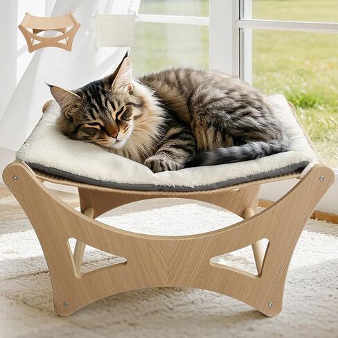 Cat Hammock Bed, Wooden Elevated Cat Beds with Natural Sisal Scratching Mat, Cats Scratcher Bed with Removable Soft Cushion, Cats Scratching Beds with Wood Frames, 22" L x 17.7" W in Saudi Arabia
