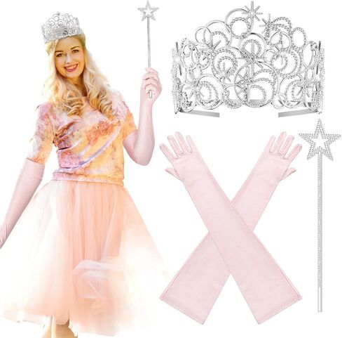 Good Witch Costume Set Pink Princess Witch Costume Halloween Dress up Accessories Princess Crown Star Magic Wand and Gloves for Halloween Cosplay Birthday Party Dress up Supplies Gifts in Kuwait