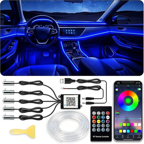 Jushope Interior Car LED Strip Lights with Wireless APP and Remote Control, RGB 5 in 1 Ambient Lighting Kits with 236 inches Fiber Optic, 16 Million Colors Car Neon Lights, Sync to Music in Kuwait