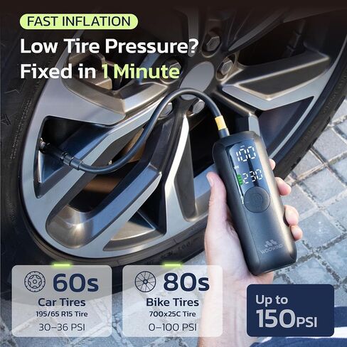 Woowind LP1 Tire Inflator and Mini Bike Pump, Portable Air Compressor for Car, Bike, 150 PSI, Auto Shut-Off with Presta and Schrader Valve in Kuwait
