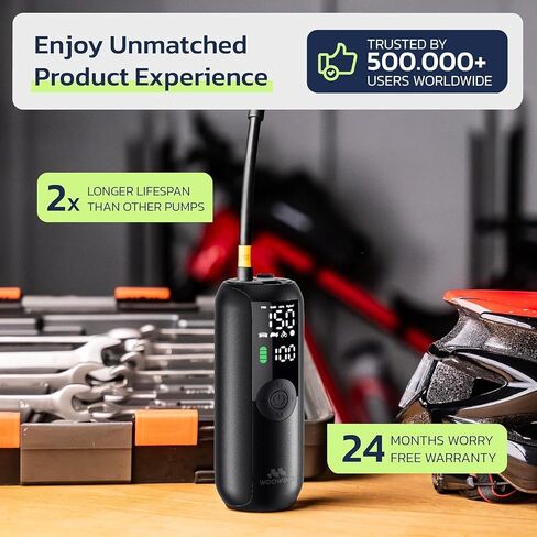 Woowind LP1 Tire Inflator and Mini Bike Pump, Portable Air Compressor for Car, Bike, 150 PSI, Auto Shut-Off with Presta and Schrader Valve in Kuwait