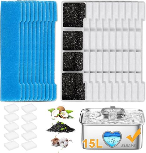 SIBAYS Dog Water Fountain Filter Replacement, 4Gal/15L Pet Fountain Filters, Made of Activated Carbon and PP Cotton, 8 Pet Water Fountain Filters, 8 Pre-Filter Sponge with 8 Pump Sponge(Model: L05) in Kuwait