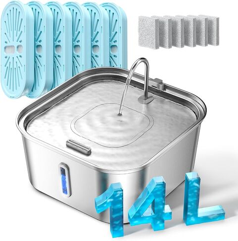 Large Dog Water Fountain 14L/3.7Gal, Stainless Steel Pet Fountain for Large Dogs and Multi-Pets Families, Visible Window & Extra Wide Drinking Area, Enlarges Capacity & Saves Space (with 3pcs Filters) in Kuwait
