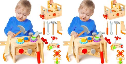 Hieoby Wooden Tool Set for Kids 2 3 4 5 Year Old, 29Pcs Educational STEM Toys Toddler Montessori Toys for 2 Year Old Construction Preschool Learning Activities Gifts for Boys Girls Age 2-4 1-3 in Kuwait