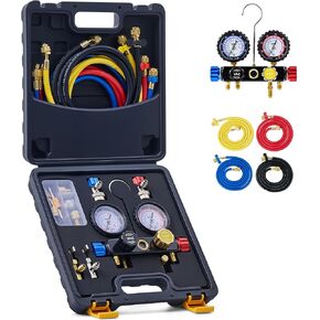 Orion Motor Tech 4 Way AC Gauge Set, AC Manifold Gauge Set for R410a R22 R134a Refrigerant, 4 Valve Automotive AC Gauges with 5ft Hoses, R410a Adapters, Can Tap in Saudi Arabia