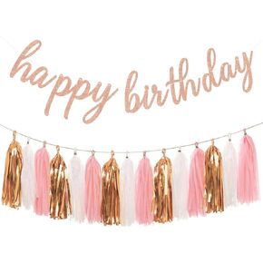 Aonor Rose Gold Birthday Party Decorations - Glittery Rose Gold Happy Birthday Banner and Tissue Paper Tassels Garland for Birthday Decorations in Saudi Arabia