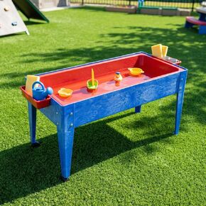 Constructive Playthings Indoor/Outdoor Sand and Water Activity Table for Kids Ages 1-3, Portable Classroom Play Table with Dry-Erase Top and 2 Side Trays, Blue/Red in Kuwait