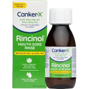 Canker-X Rincinol Oral Rinse Mouthwash, Quick Pain Relief from Canker Sores, Mouth Burns & More, Benzocaine Free & Alcohol Free Mouthwash, Adults & Children 6+ Years, Kids Mouthwash, 4.0 Fl. Oz. in Saudi Arabia